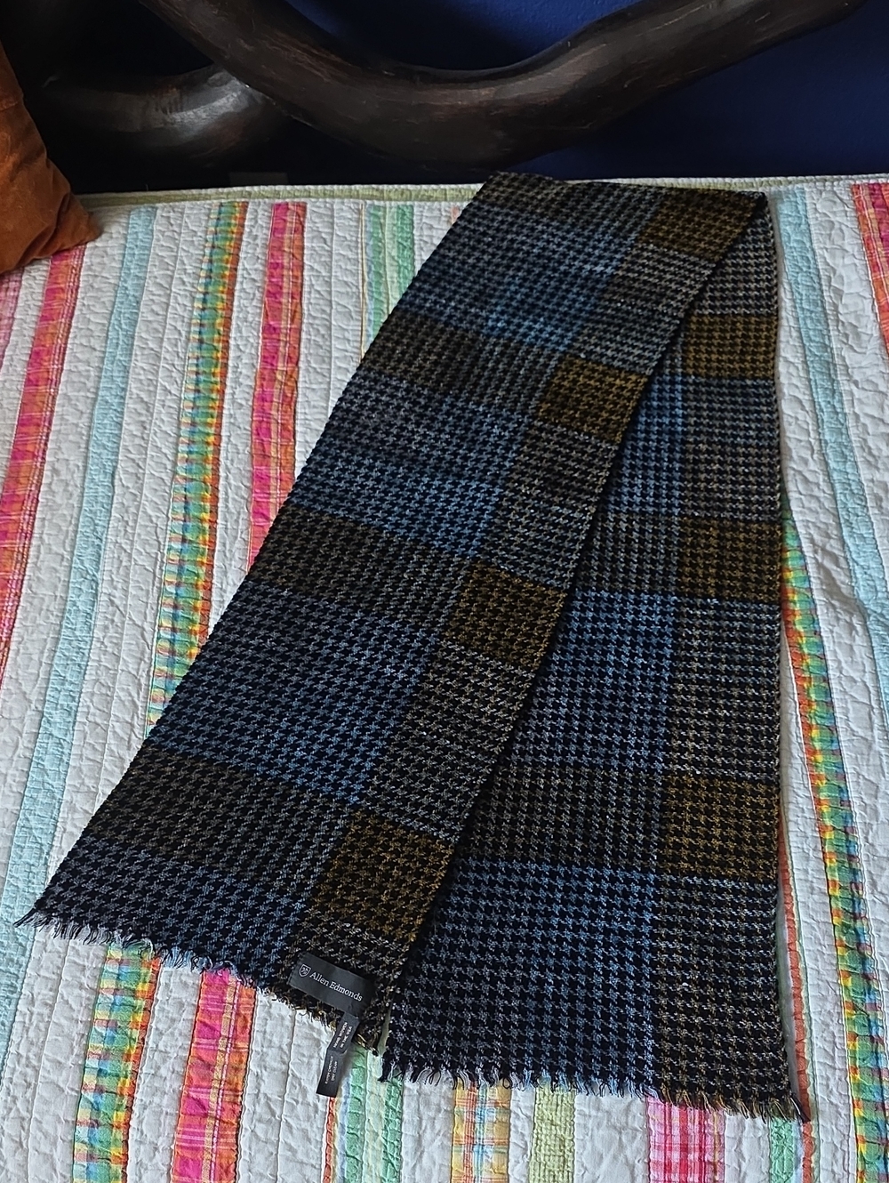 Allen Edmonds Chenille Blue Gold Black Plaid Scarf Made in USA